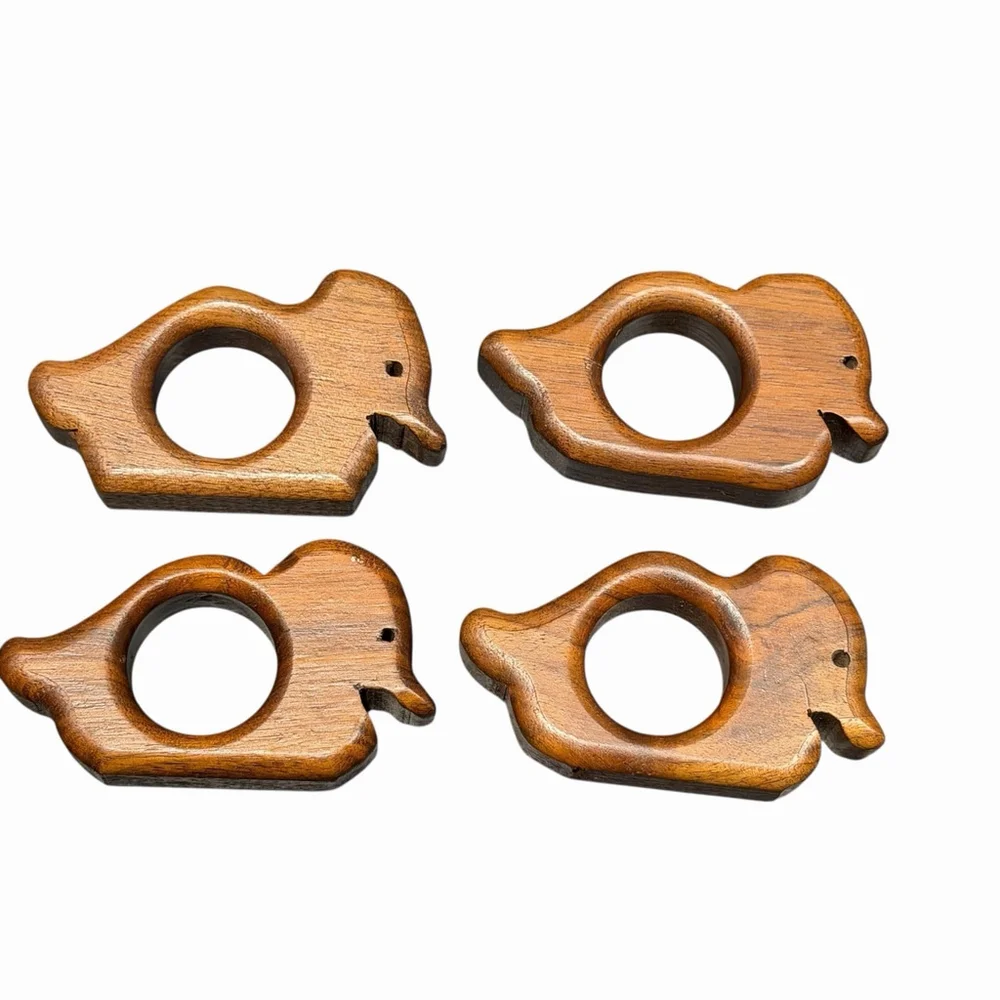 VTG Set Of 4 Bird/Duck Napkin Rings Hand Carved Wood Rustic‎ Artisan Cottage